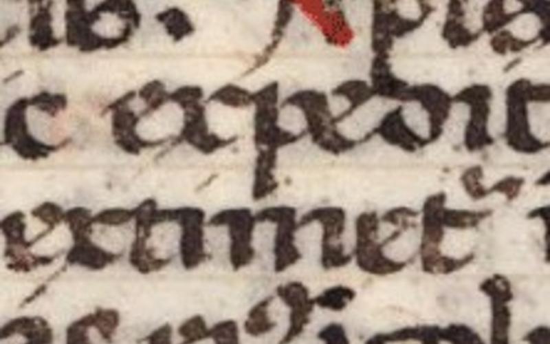 Detail from Hand lettering. Artist unknown. Page from a missal. c. 1350. 5 3/4 x 4 1/8" (14.6 x 10.5 cm) The Museum of Modern Art, New York. Gift of Richard Benson. A small manuscript page written in a southern Gothic book hand. Handwritten letters can vary according to their neighbors, and individual letters often run together. This practice gives a strong identity to the words, and reinforces the fact that letters by themselves mean nothing; content only exists when words and sentences are formed.
