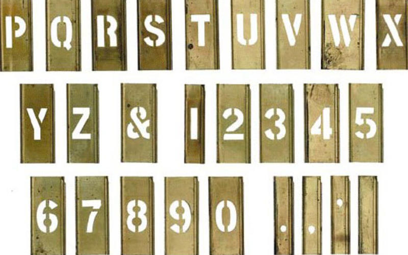 Stencil letters. C. H. Hanson Company. Stencil Set, Marking, Lockedge, Adjustable, Brass, 1 inch size. c. 1945. Each 2 1/2" (6.4 cm) high. The Museum of Modern Art, New York. Gift of Richard Benson. A set of marking stencils made for the United States military during World War II.