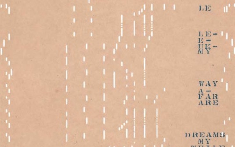 Punched paper with letterpress text. Artist unknown. Section of a piano roll. c. 1920. 16 1/2 x 10 1/2" (41.9 x 26.7 cm). The Museum of Modern Art, New York. Gift of Richard Benson. A section of a piano roll holding musical information in the perforated holes and libretto information in printed words to be read by the singer (who appears to be playing the piano). The roll moves downward as it is being played, so time is measured along its length, while bass notes are to the left and treble to the right, so 