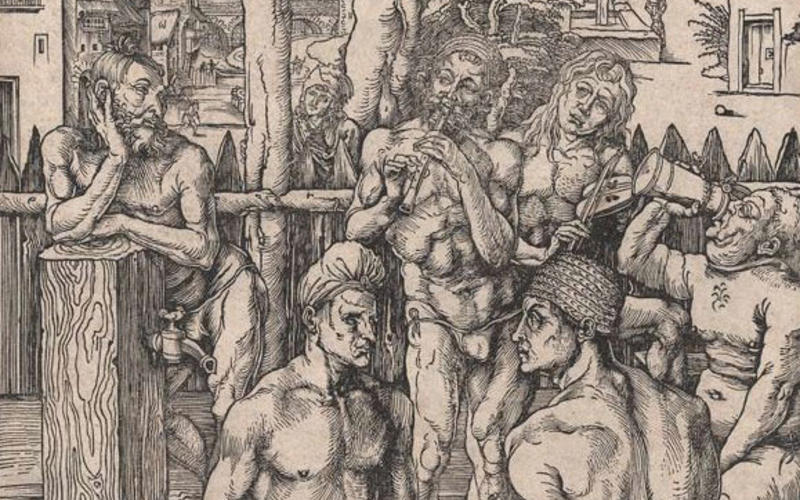 Woodcut. Albrecht Dürer. The Men’s Bath. c. 1496. 15 7/16 x 11 3/16" (39.2 x 28.4 cm). Collection of John Benson. Printers have had to devise methods of creating tonal variation using only black ink. One solution is to use finely spaced lines that, though black, give the eye the illusion of tone when viewed from a distance.