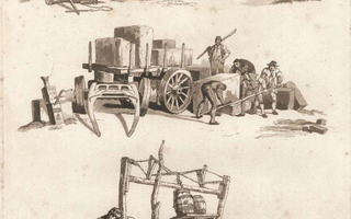 Aquatint print of men working near a cart of goods.