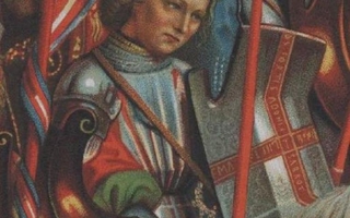 Enlarged version of chromolithograph that shows the armor, shield, and pole of a man.