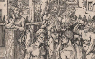 Woodcut print of men in an outdoor bath.