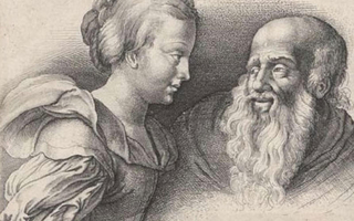 A woman wearing a dress looks at an old man with a white beard.