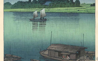 Print of two boats on water as it rains. Green land is in the background.