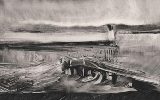 Print of a view that features a dock over water. Land is in the background.