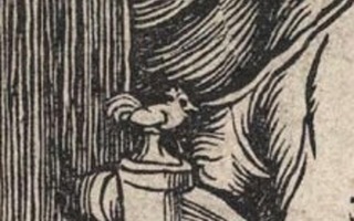 Enlarged version of Durer's woodcut that depicts a bird on the bath faucet.