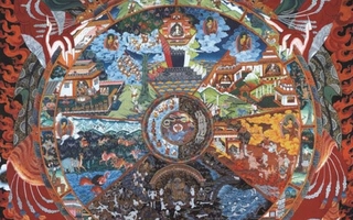 A wheel that features different religious scenes. Red flames frame the wheel at both sides.