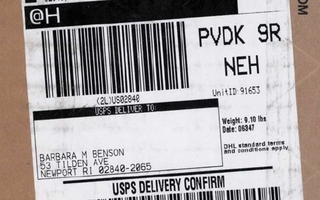 Package shipping and delivery details. DHL bar code at top.