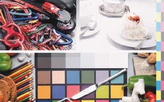 Set of images that show different colorful scenes: colored pencils, vegetables next to a color palette, white plates, and clips.