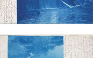 Postcard with a blue picture and writing on the side.