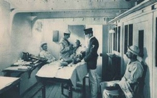 Green-tinted print of medical room within cruiser.