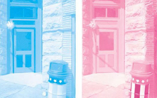 Scene of a door and trash can shown in cyan on the left and in magenta on the right.