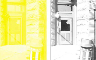 Scene of a door and trash can shown in yellow on the left side and black-white on the right.