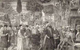 Crowd of people gathered in a city street. Buildings, trees, and land are in the background.