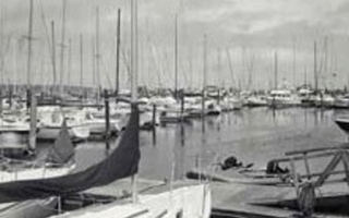 Many boats docked on the water.