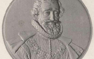 Etching print of a medal that depicts a man in formal clothing.