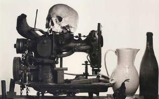 Arrangement of a skull on a tool, pear, vase, and bottle.