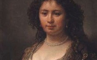 Portrait of a dark-haired woman with a pearl necklace.