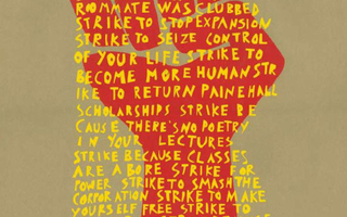 Print with a red fist and tan background. Yellow text covers the fist.