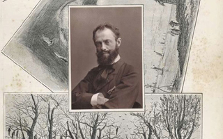 Portrait of a man. Two photographs of trees and land are behind the portrait.