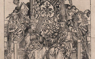 Black and white print of a king and pope facing each other on thrones. Supporters stand behind them.