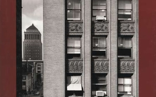 Gray-tinted view of a building's side. Red-brown bars on each side. 