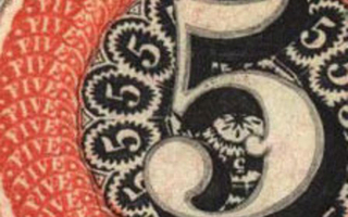 Enlarged version of banknote that focuses on the printed five.